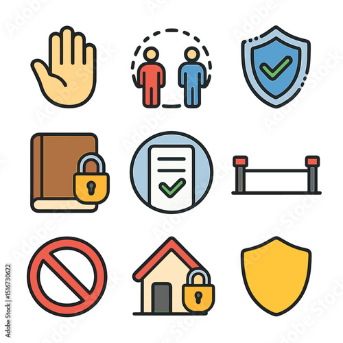 Relationship Boundaries Icons. Flat icon set of boundaries and safety in relationships: stop gesture, personal