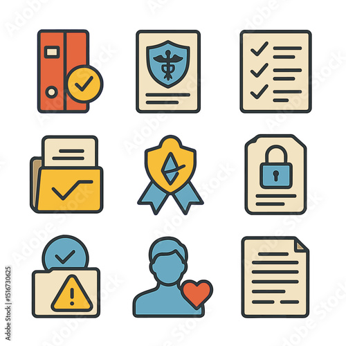 Regulatory Icons Grid. Flat icon set of regulatory and legal operations: policy binder, HIPAA document,