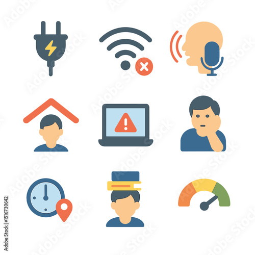 Remote Work Challenges Icons. Flat icon set of remote work challenges: power outage icon, internet disconnect,