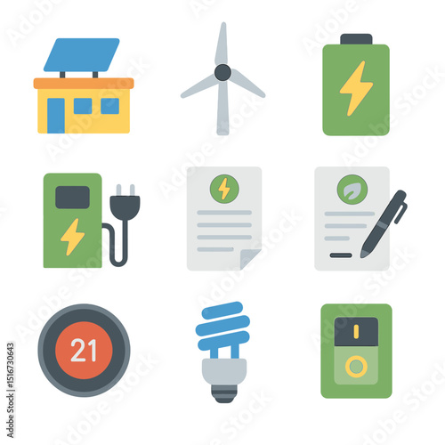 Renewable Energy Icons. Flat icon set of renewable energy use in business: solar rooftop, wind turbine, energy