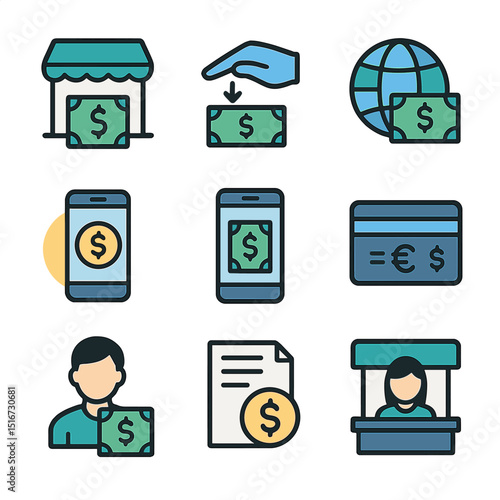 Remittance Tools Icons. Flat icon set of migrant and remittance tools: cash pickup point, remittance icon,
