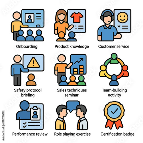 Retail Training Icons. Flat icon set of retail training and development: onboarding session, product knowledge