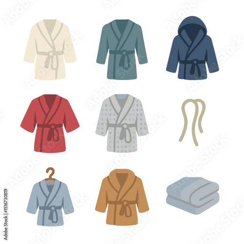 Robe Icon Set. Flat icon set of robe and loungewear icons: bathrobe, dressing gown, hooded robe, kimono robe,