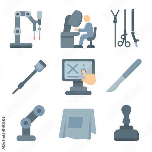 Robot Surgery Icon Set. Flat icon set of robot-assisted surgery: surgical robot arm, operating console,