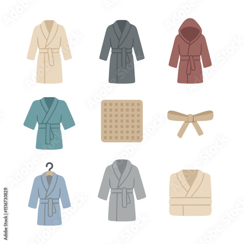 Robe Icon Set. Flat icon set of robe and loungewear icons: bathrobe, dressing gown, hooded robe, kimono robe,
