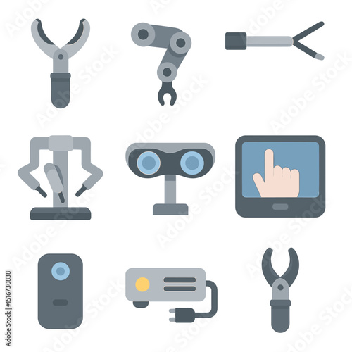 Robotic Surgery Icons. Flat icon set of surgical robotics components: robotic grasper, articulated wrist,