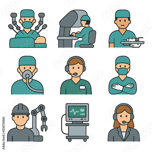 Robotic Surgery Team Icons. Flat icon set of robotic-assisted surgical team roles: lead surgeon, console