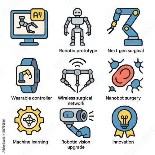 Robotic Surgery Icon Set. Flat icon set of robotic surgery innovation: AI-assisted planning, robotic prototype