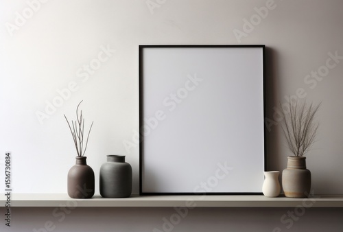 White framed poster in mockup style hanging from the wall
