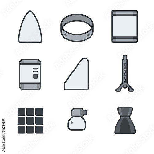 Rocket Design Icon Set. Flat icon set of rocket design components: nose cone, stage separation ring, fuel tank