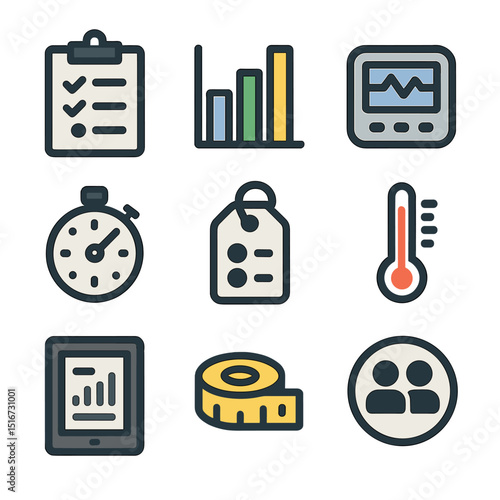 Scientific Data Icons. Flat icon set of data collection in experiments: clipboard with checklist, bar graph,