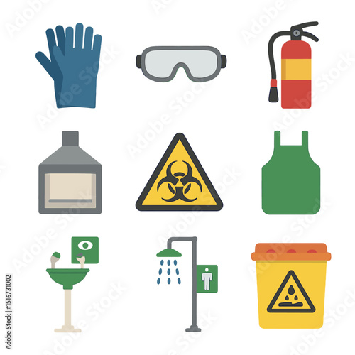 Scientific Safety Icon Set. Flat icon set of scientific safety equipment: gloves, safety goggles, fire