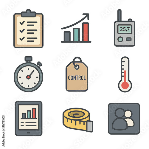Scientific Data Icons. Flat icon set of data collection in experiments: clipboard with checklist, bar graph,