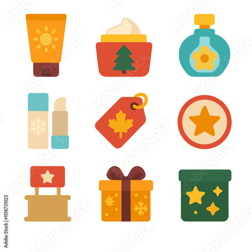 Seasonal Beauty Icons. Flat icon set of seasonal beauty display: sunscreen icon, holiday edition cream, summer