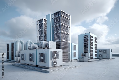 A digital concept showcasing HVAC units installed outdoors, with modern air conditioning systems working to provide cooling solutions for large buildings