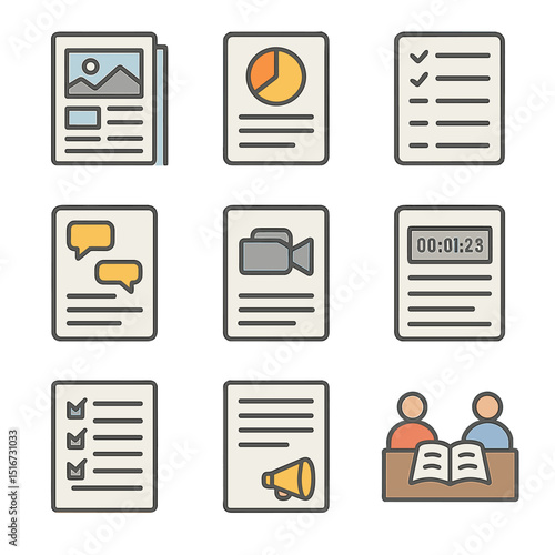 Script Planning Icons. Flat icon set of script and scene planning: storyboard, scene breakdown, shot list,