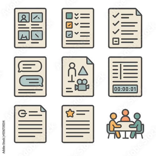 Script Planning Icons. Flat icon set of script and scene planning: storyboard, scene breakdown, shot list,