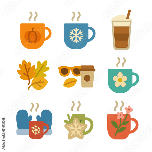 Seasonal Coffee Icons. Flat icon set of seasonal coffee vibes: pumpkin spice cup, snowflake mug, iced latte