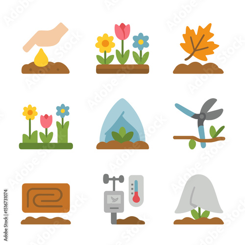 Seasonal Flowerbed Care Icons. Flat icon set of seasonal flowerbed care: spring bulb planting, summer bloom