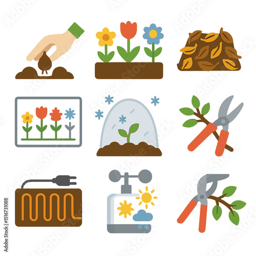 Seasonal Flowerbed Care Icons. Flat icon set of seasonal flowerbed care: spring bulb planting, summer bloom