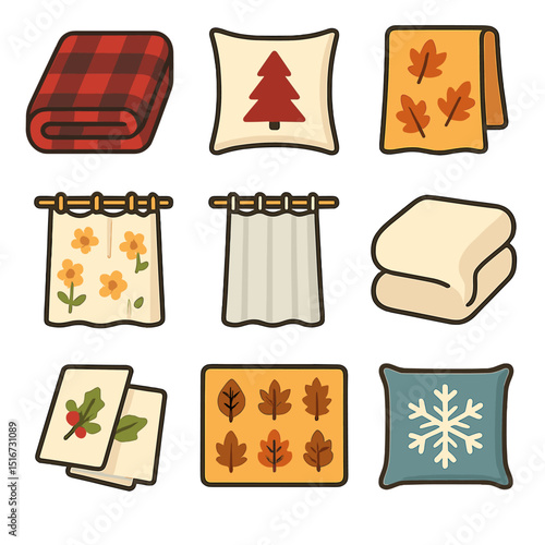 Seasonal Home Textiles Icons. Flat icon set of seasonal home textiles: winter flannel throw, holiday print