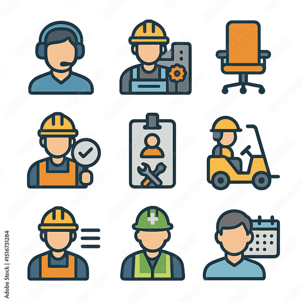 Shift Roles Icons. Flat icon set of shift roles and positions: operator icon, machine tech, supervisor seat, Shift Roles Icons. Flat icon set of shift roles and positions: operator icon, machine tech, supervisor seat,