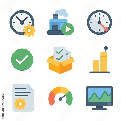 Shift Productivity Icons. Flat icon set of shift-based productivity: hourly output icon, machine runtime,