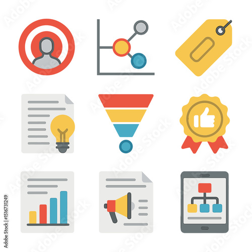 Self-Marketing Icon Set. Flat icon set of self-marketing strategy: target audience icon, positioning chart,