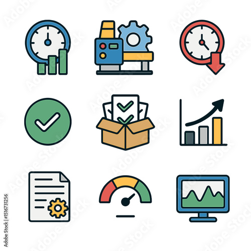 Shift Productivity Icons. Flat icon set of shift-based productivity: hourly output icon, machine runtime,