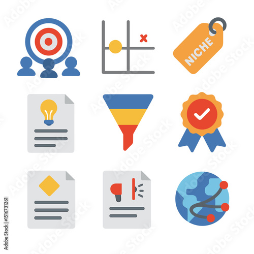 Self-Marketing Icon Set. Flat icon set of self-marketing strategy: target audience icon, positioning chart,