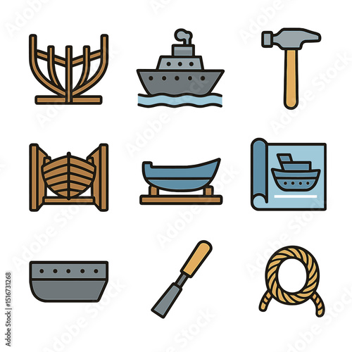 Shipbuilding Evolution Icons. Flat icon set of shipbuilding evolution: wooden ship frame, ironclad model,
