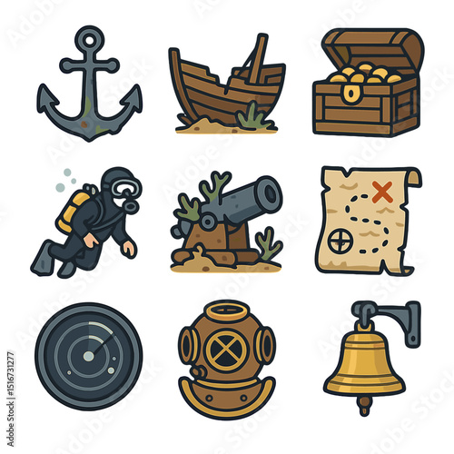 Shipwreck Exploration Icons. Flat icon set of shipwreck archaeology: ancient anchor, broken hull, treasure