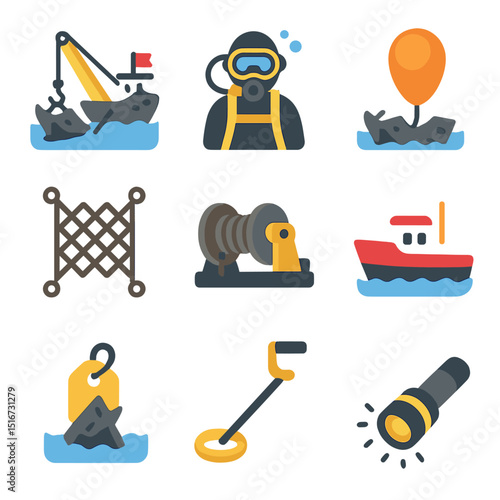 Shipwreck Salvage Icons. Flat icon set of shipwreck salvage operations: crane barge, salvage diver, lifting