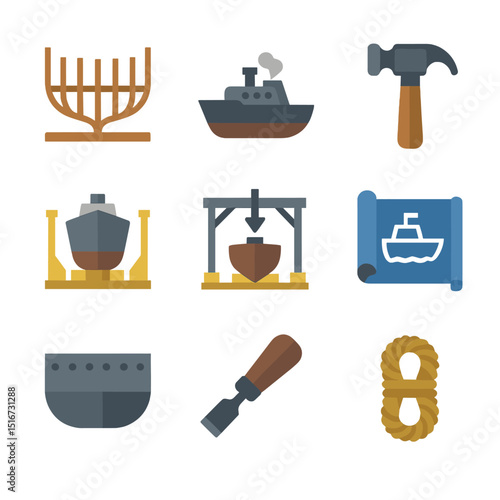 Shipbuilding Evolution Icons. Flat icon set of shipbuilding evolution: wooden ship frame, ironclad model,