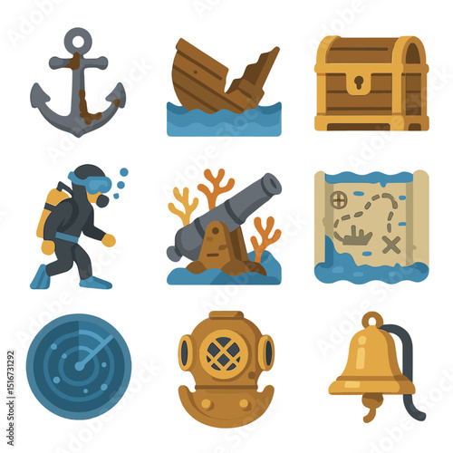 Shipwreck Exploration Icons. Flat icon set of shipwreck archaeology: ancient anchor, broken hull, treasure