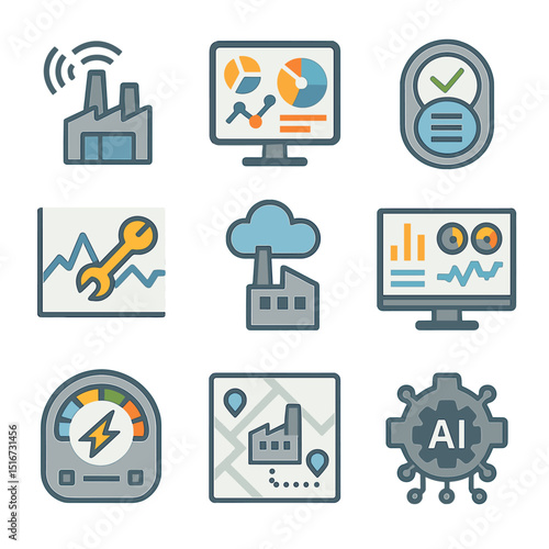 Smart Factory Icon Set. Flat icon set of smart factories: IoT sensor, data analytics screen, smart meter,