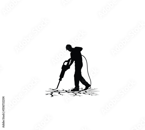 Silhouette of a worker using a jackhammer on concrete ground on white background