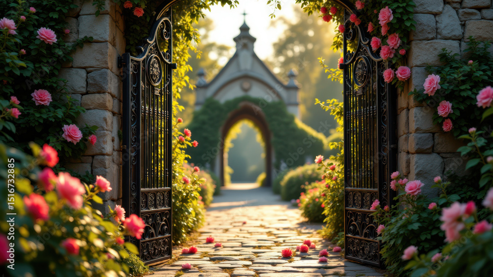 Fototapeta premium A picturesque stone archway leading to a chapel, with climbing roses and sunlight filtering through.