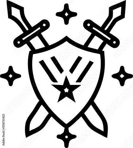 Medieval - themed Vector Icon. Features a shield with crossed swords and stars, representing themes of protection and chivalry. Editable strokes. Vector illustrations.