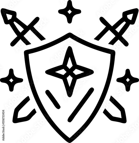 Fantasy Protection - themed Vector Icon. Depicts a shield with crossed swords and stars, symbolizing protection and fantasy elements. Editable lines. Vector illustrations.