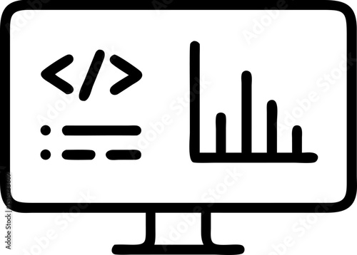 Digital Analytics - themed Vector Icon. Depicts a computer screen with code and graphs, symbolizing digital data analysis and programming. Editable lines. Vector illustrations.
