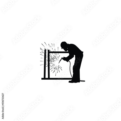Silhouette of a worker welding metal with sparks around, action pose on white background