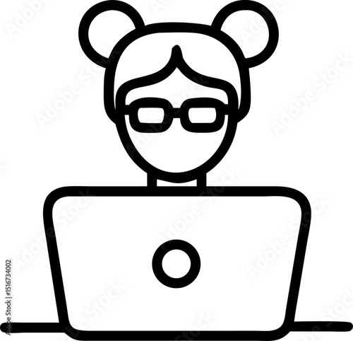 Tech - savvy Professional Vector Icon. Features a person with glasses and double buns using a laptop, symbolizing modern digital professionalism. Editable lines. Vector illustrations.
