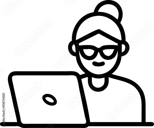 Digital Work - related Vector Icon. Depicts a person with glasses working on a laptop, representing digital tasks and remote work. Editable lines. Vector illustrations.