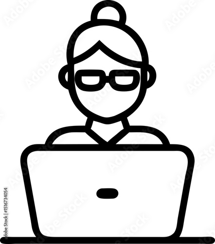 Remote Work - related Vector Icon. Depicts a person with glasses and a bun hairstyle using a laptop, symbolizing remote work and digital tasks. Editable lines. Vector illustrations.