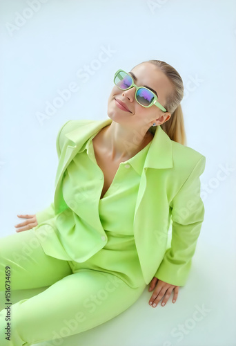 A white woman with fair skin, 23 years old, blonde hair in a ponytail, wearing a green suit and green sunglasses in a white background