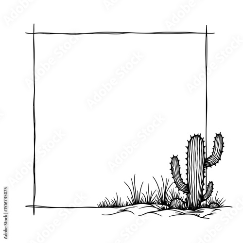 A minimalist desert illustration with a central frame, featuring a cactus, framed by a desert aesthetic. Evokes the charm of the southwest.