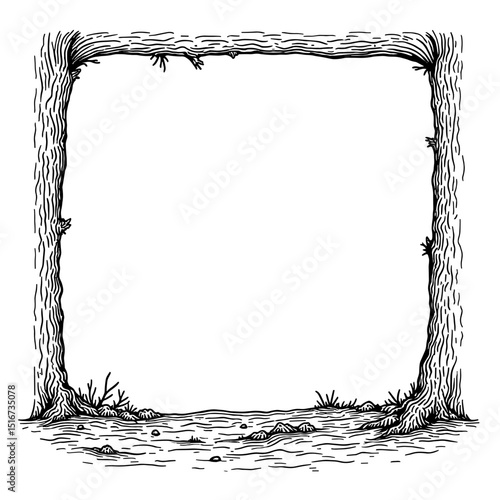 A hand-drawn tree frame, showcasing a rustic woodland frame with detailed texture and an empty space for your creative design.