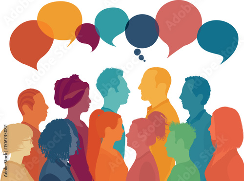 Silhouette heads faces to the side of group of multicultural people talking. Speech bubble. Communication between people
