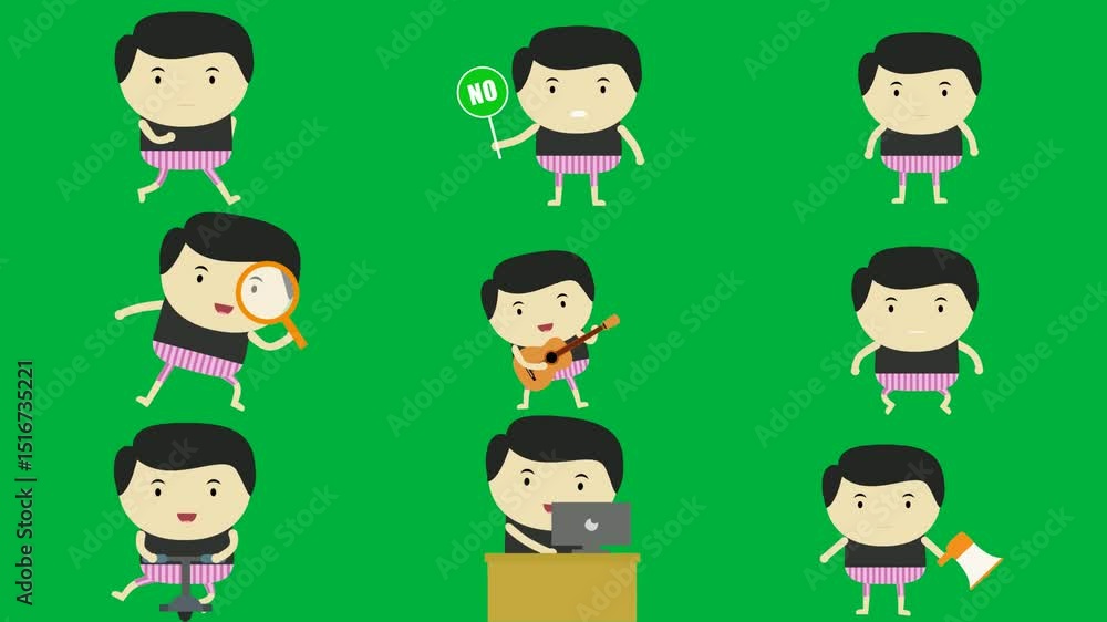 cartoon character green background holding no sign looking through mag glass playing guitar man box laptop piece paper person sitting at desk megaphone his hand magni using singing stool. cartoon character green background holding no sign looking through mag glass playing guitar man box laptop piece paper person sitting at desk megaphone his hand magni using singing stool.